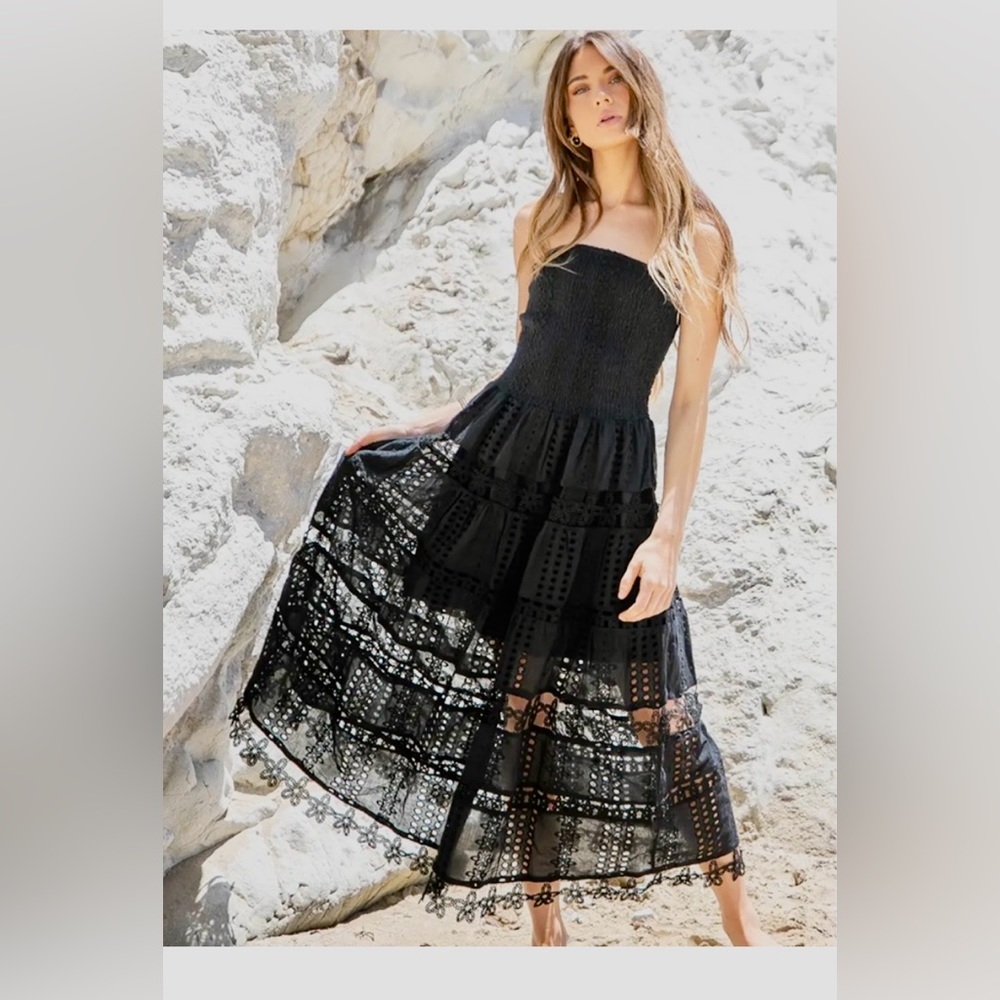 Strut & Bolt Strapless Smoked Eyelet Lace Dress Black Sz Small